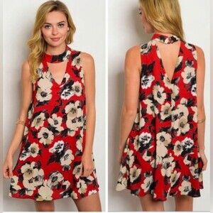 Red mocha and black floral keyhole halter dress size small